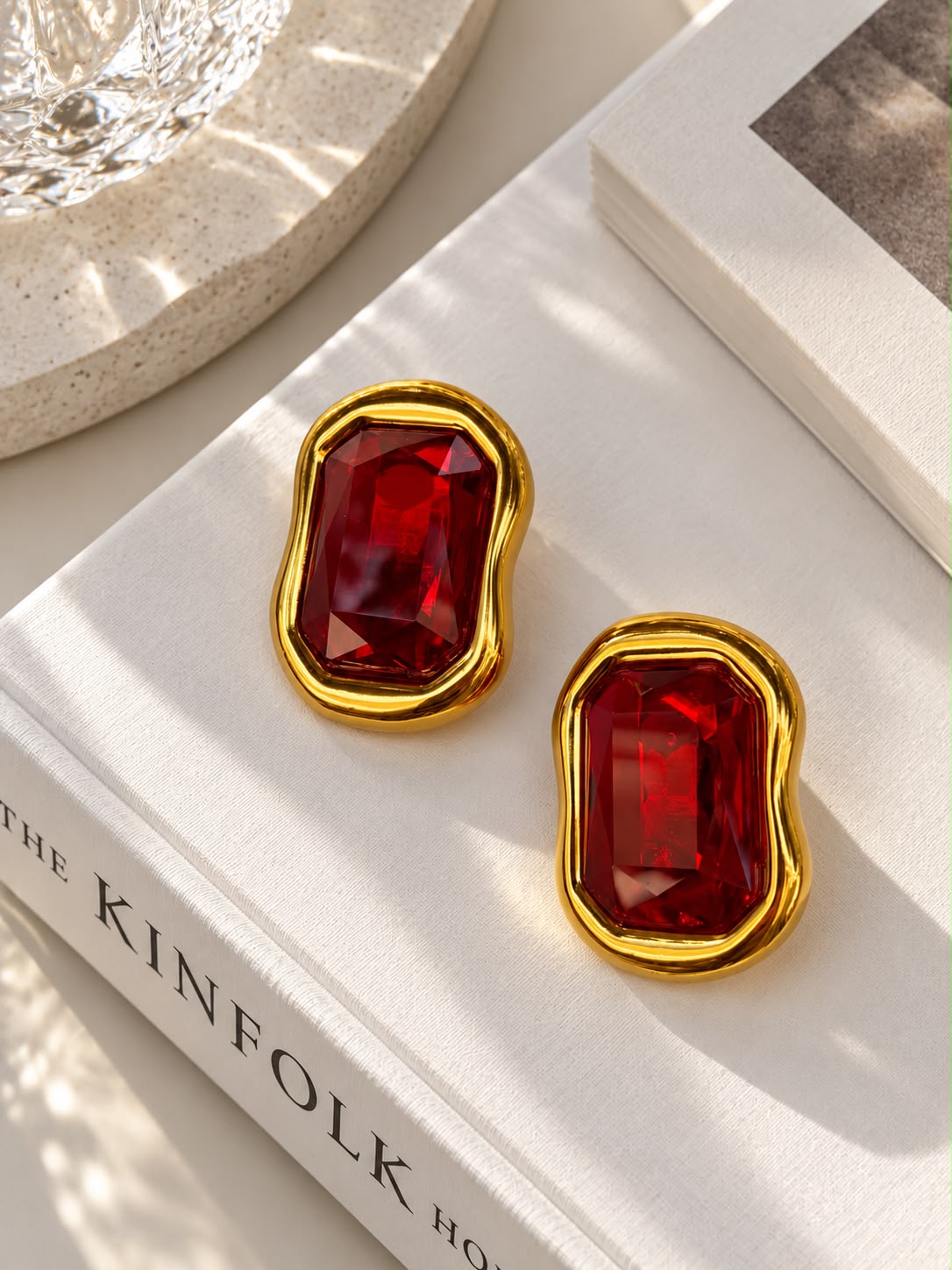 Ruby Red Gold Statement Stud Earrings