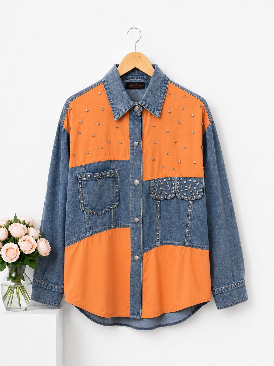 Studded Colorblock Denim Shirt