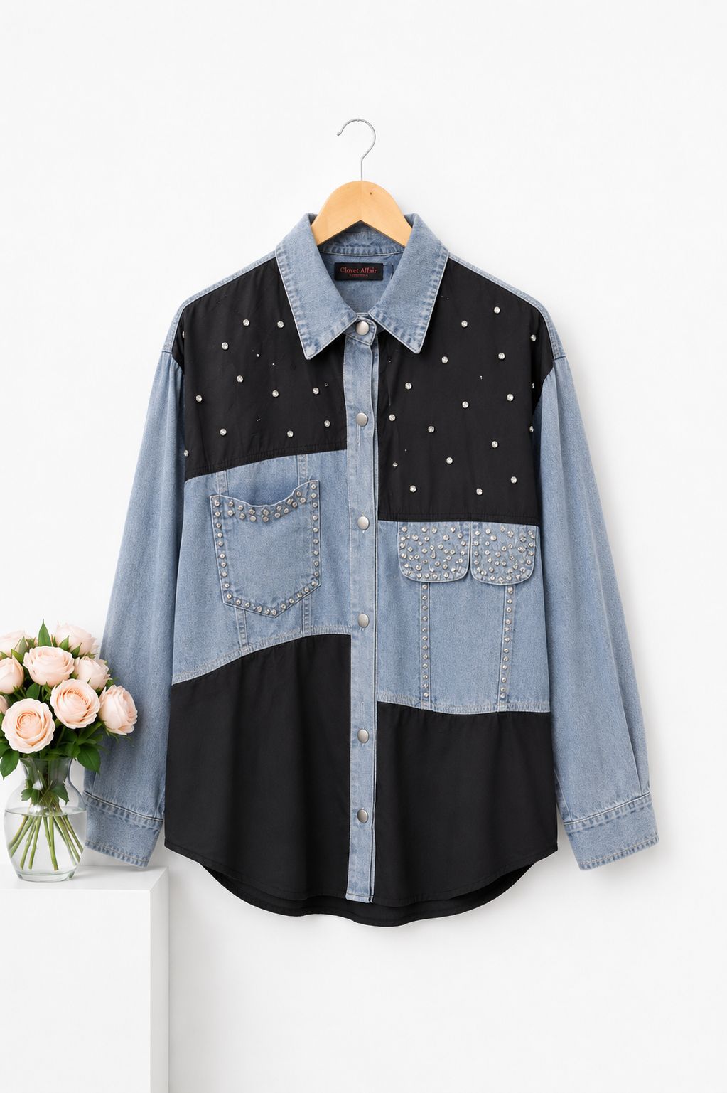 Studded Colorblock Denim Shirt