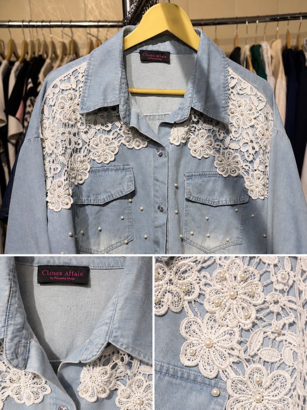 Pearl Detail Lace Denim Shirt