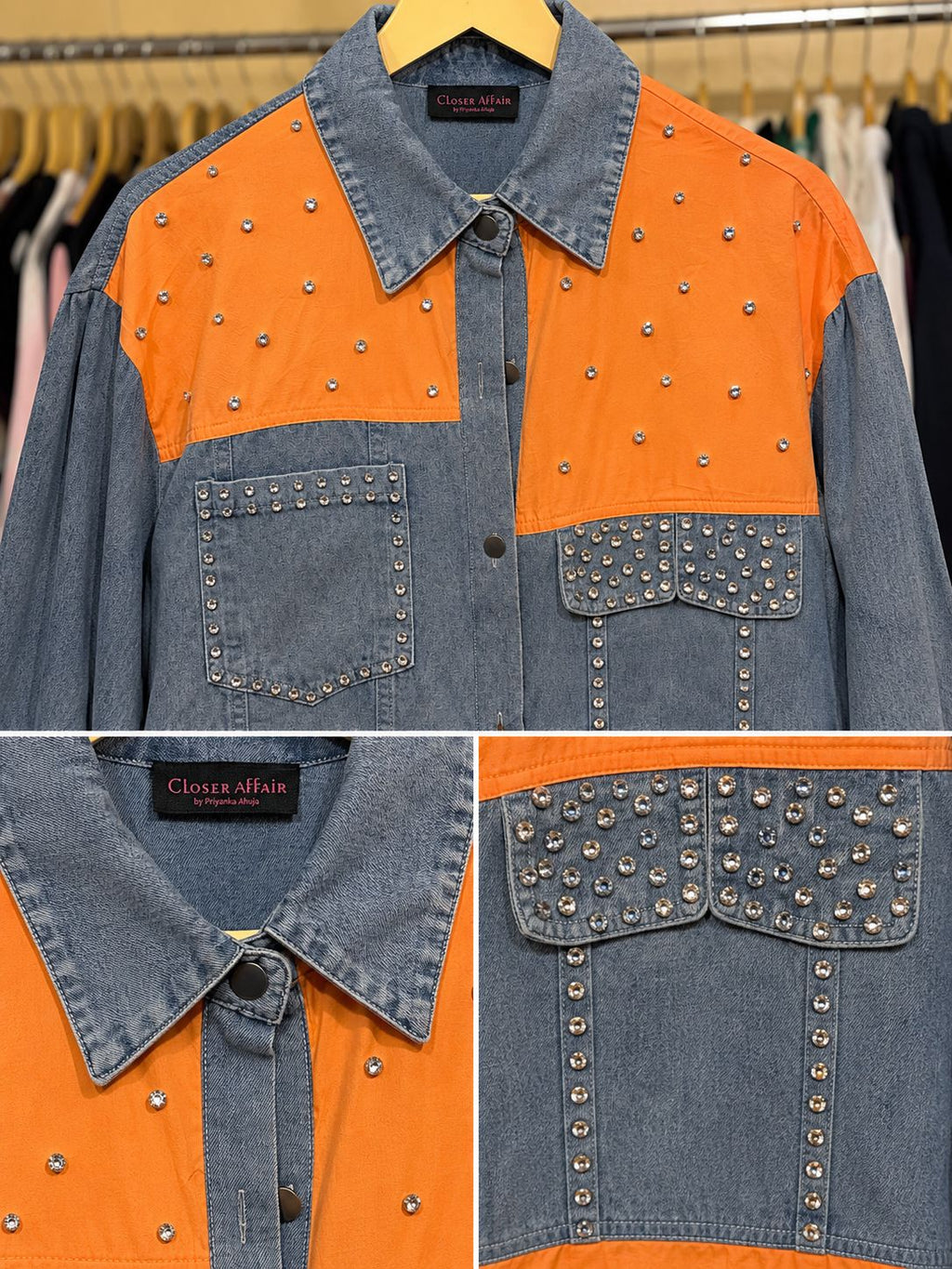 Studded Colorblock Denim Shirt