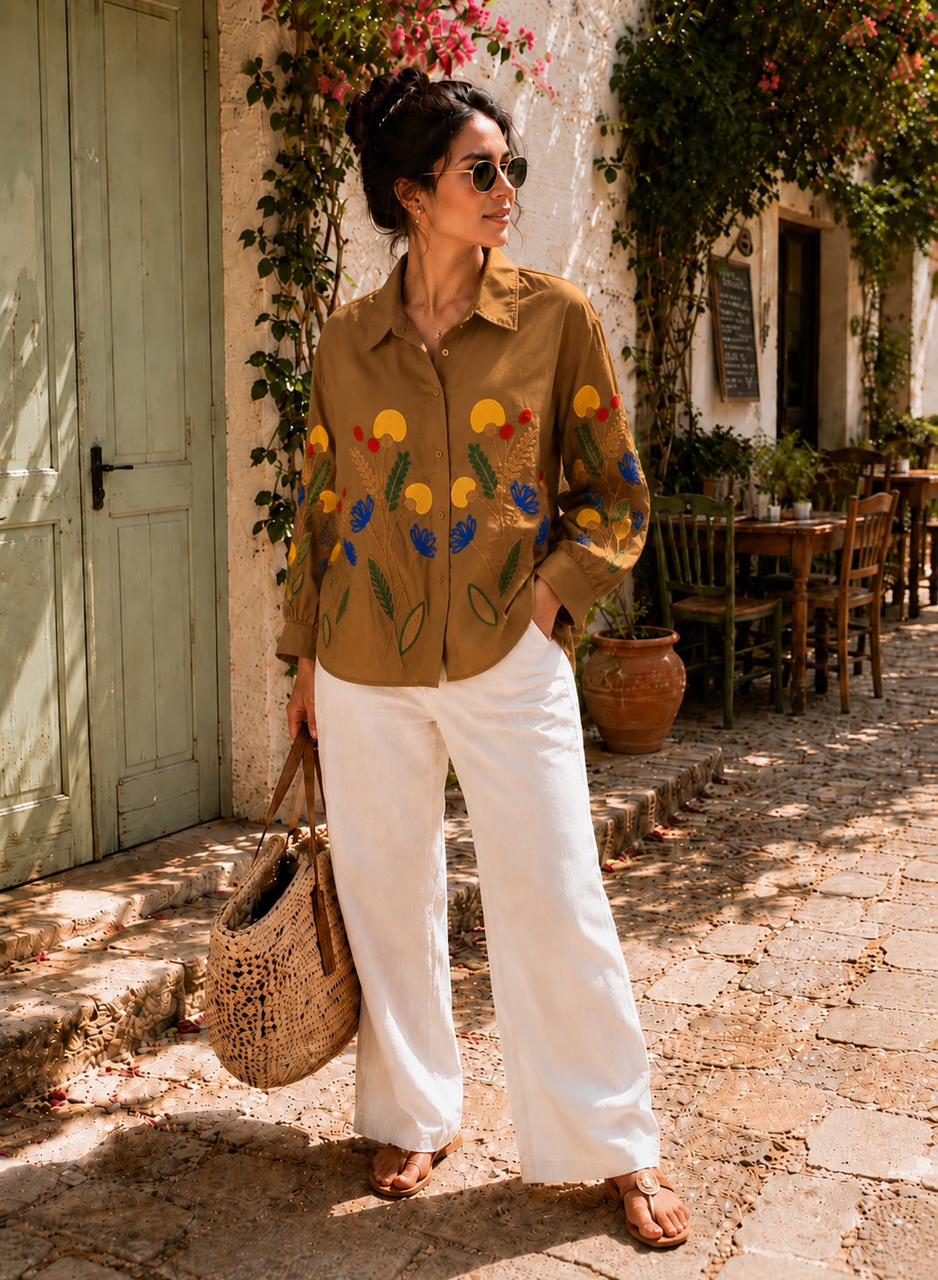 Floral Embroidered Relaxed Button-Down Shirt