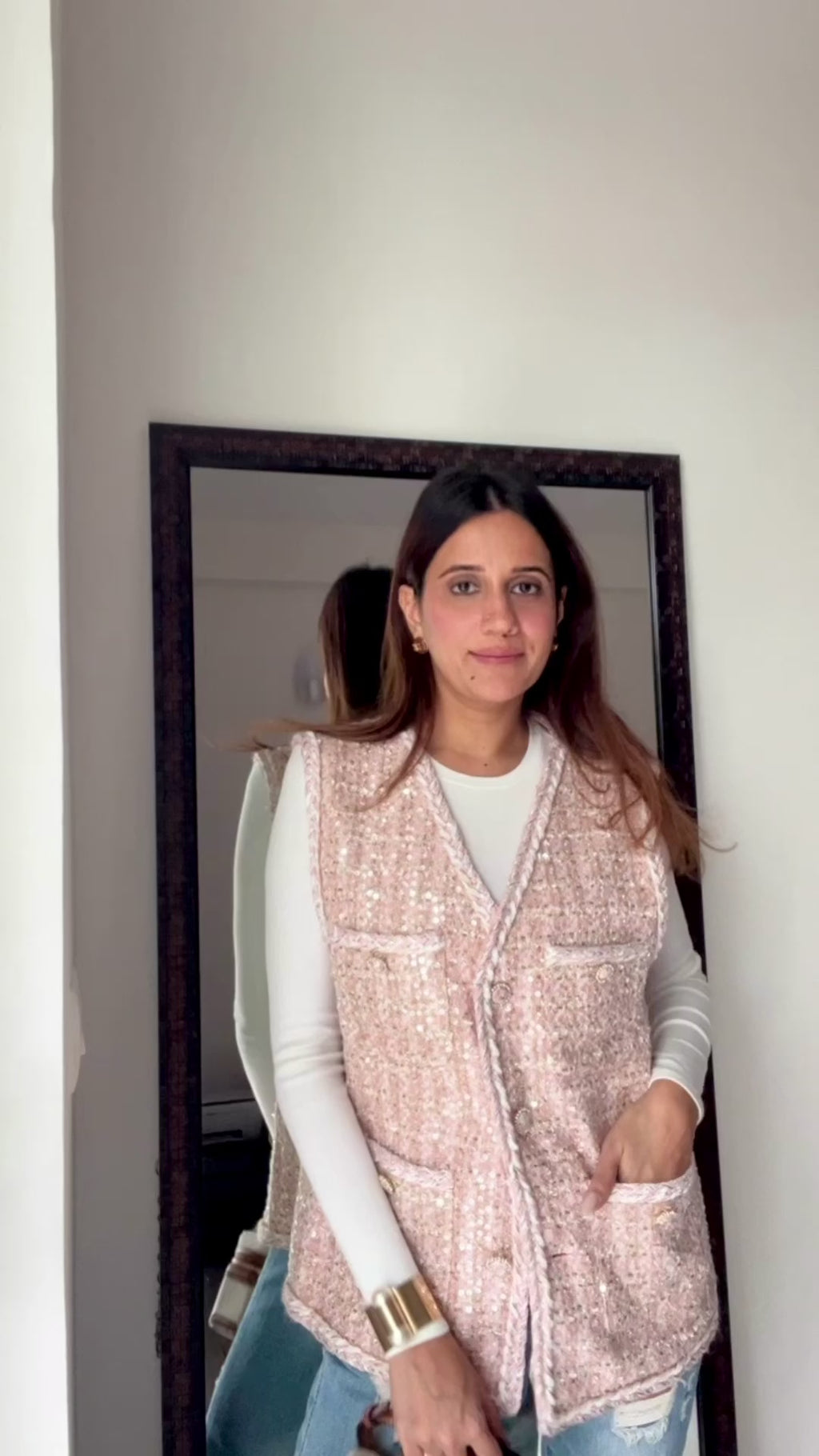 Pink Knotted Tweed Fall Vest