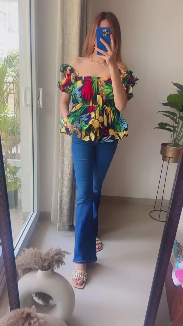 Tropical Pleated Peplum Top
