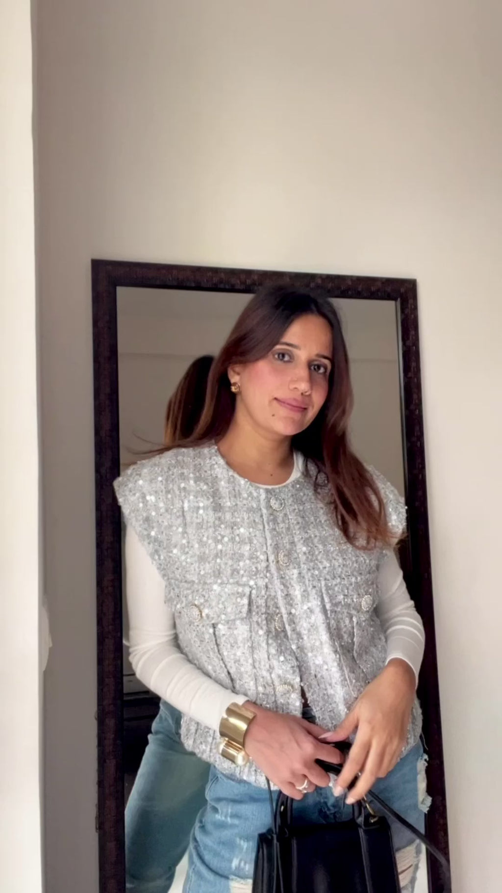 Sequin Embedded Cap sleeves Tweed Fall Vest