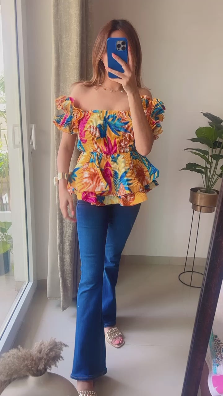 Tropical Pleated Peplum Top