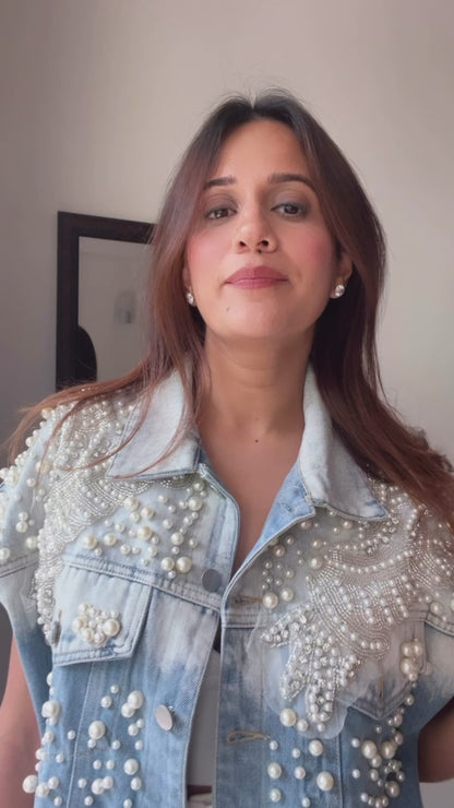 Pearl Embellished Denim Fall Jacket
