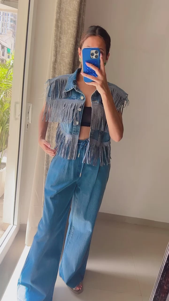 Fringe Swarovski Studded Denim Fall Jacket