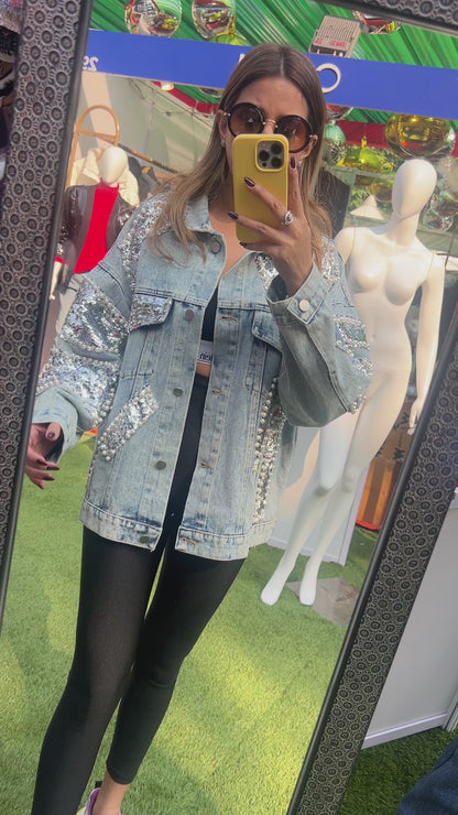 Sequin and Pearl Embellished Fall Denim Jacket
